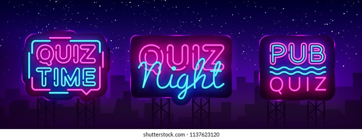 Quiz Night Collection Announcement Poster Vector Design Template. Quiz Night Neon Signboard, Light Banner. Pub Quiz Held In Pub, Bar, Night Club. Pub Team Game. Vector Billboard