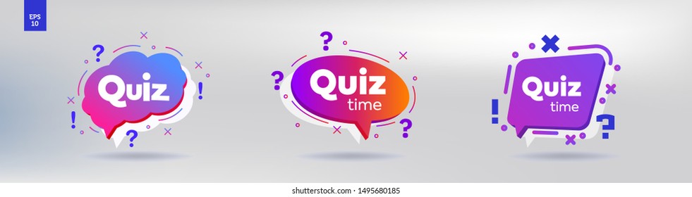 Quiz night and Did you know creative label bundle. Banner or sicker with Interesting fact. Template kit for ask or help. Bright vibrant violet and orange colors isolated vector illustration.