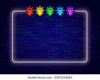 Quiz night neon banner. Colorful light bulbs and white frame. Trivia time. Brainstorm concept. Creative idea. Night club advertising. Glowing flyer. Copy space. Editable stroke. Vector illustration