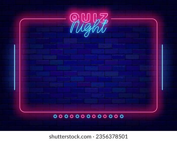 Quiz night neon banner. Trivia time. Minimal frame. Funny competition. Game event. Night club shiny advertising. Glowing flyer. Copy space. Editable stroke. Vector stock illustration