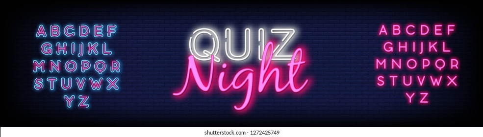 Quiz night neon design template. Quiz night neon signboard  light banner. Pub quiz held in pub or bar  night club. Pub team game. Questions game bright retro light sign. editing text neon. Vector