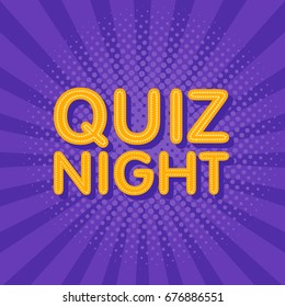 Quiz Night Neon Light Sign In Retro Twist Background With Stars. Poster Template Vector Illustration.