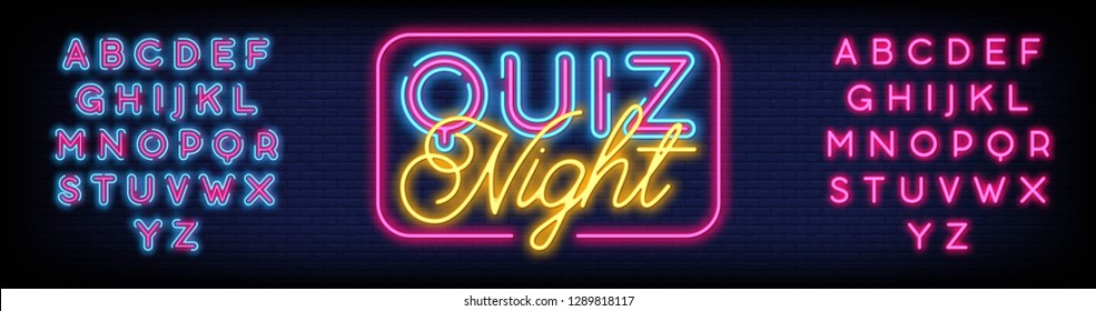 Quiz Night Neon Sign Vector A Brick Wall Background Vector  Design Questions Team Game Neon Signboard  Night Neon Advensing. Vector Illustration. Editing Text Neon Sign