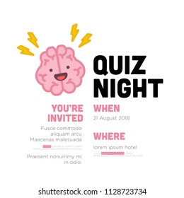 Quiz Night Poster With Brain Cartoon Vector Illustration With Text Template