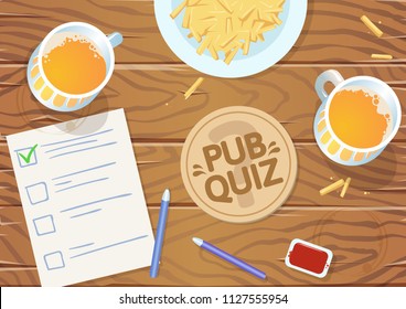 Quiz Night In The Pub. Wooden Pub Table With Quiz List, Fries And Beer. Vector Illustration. Horizontal.