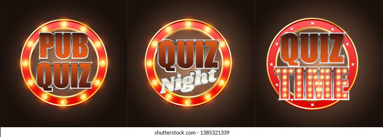 Quiz Night Time, Pub Quiz Label, Signage Set, Vector Illustration. Quiz Game Retro Banners With Glowing Lights.