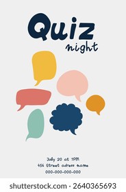 Quiz night trivia poster. Vector simple flat cartoon style illustration of colorful speech bubbles. Concept of intelligence competition event.