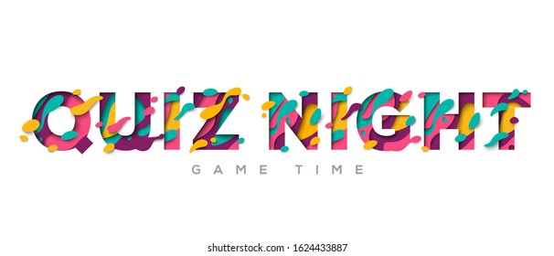 Quiz night typography design with abstract paper cut shapes on white background. Vector illustration. Colorful 3D carving art. Fast questions and answers game