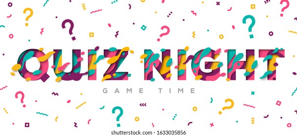 Quiz night typography design with abstract paper cut shapes on white background. Vector illustration. Colorful 3D carving art. Fast questions and answers game