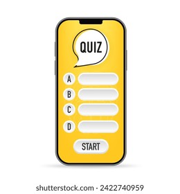 Quiz online game interface on the smartphone screen. UI smartphone application design. Answer the question mark. Examination test and answers for a TV show. Chat quiz think. Vector illustration