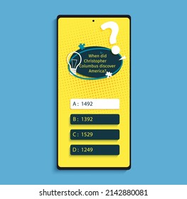 Quiz online game interface in paper cut style. Yellow and black color trivia mobile app papercut art template. UI smartphone application design. Craft vector flat screens questionnaire game.