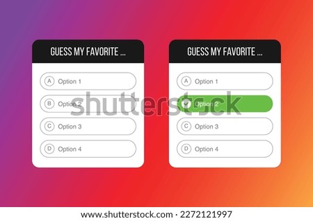 Quiz option template. Question stickers for poll stories page, popularity interface voting labels for typing answers, vector technology digital business social template. Vector illustration eps10.