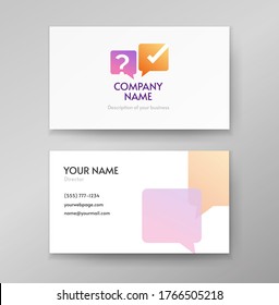 Quiz poll logo icon vector or interview discussion logotype on business card template design bubble speech checkmark and ask question flat design, concept of competition poll game or interrogate