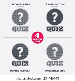 Quiz with question mark sign icon. Questions and answers game symbol. Diagonal and horizontal lines, classic outline, dotted texture. Pattern design icons.  Vector