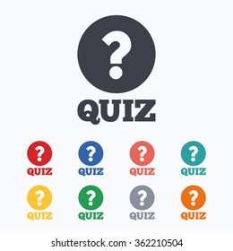 Quiz with question mark sign icon. Questions and answers game symbol. Colored flat icons on white background.