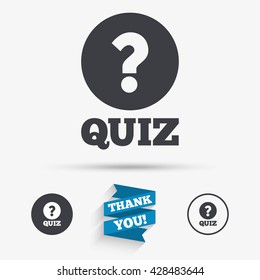 Quiz with question mark sign icon. Questions and answers game symbol. Flat icons. Buttons with icons. Thank you ribbon. Vector