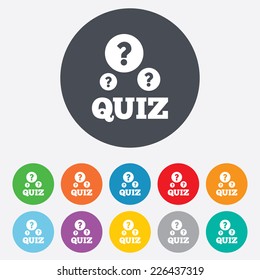 Quiz with question marks sign icon. Questions and answers game symbol. Round colourful 11 buttons. Vector