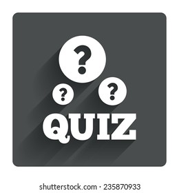 Quiz with question marks sign icon. Questions and answers game symbol. Gray flat square button with shadow. Modern UI website navigation. Vector