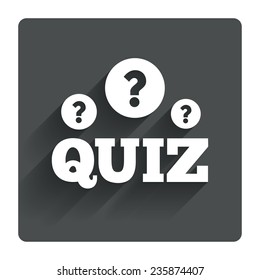 Quiz with question marks sign icon. Questions and answers game symbol. Gray flat square button with shadow. Modern UI website navigation. Vector