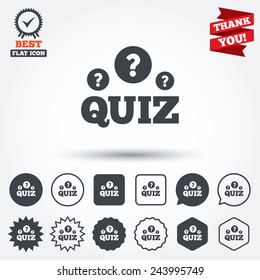 Quiz with question marks sign icon. Questions and answers game symbol. Circle, star, speech bubble and square buttons. Award medal with check mark. Thank you. Vector