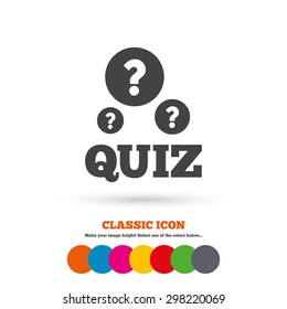 Quiz with question marks sign icon. Questions and answers game symbol. Classic flat icon. Colored circles. Vector
