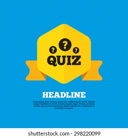 Quiz with question marks sign icon. Questions and answers game symbol. Yellow label tag. Circles seamless pattern on back. Vector