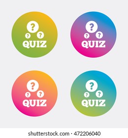 Quiz with question marks sign icon. Questions and answers game symbol. Gradient flat buttons with icon. Modern design. Vector