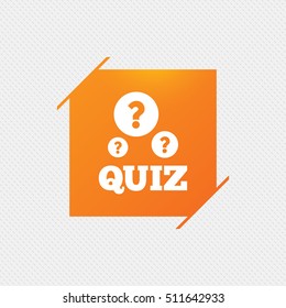 Quiz with question marks sign icon. Questions and answers game symbol. Orange square label on pattern. Vector