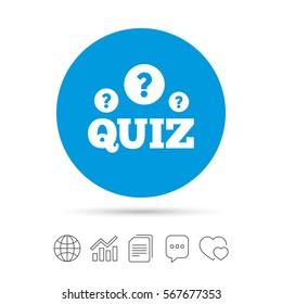 Quiz with question marks sign icon. Questions and answers game symbol. Copy files, chat speech bubble and chart web icons. Vector