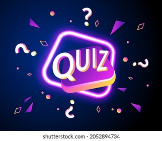 Quiz and question marks. Trivia night. Quiz symbol neon sign. Night online game with questions
