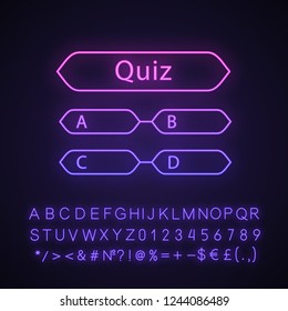 Quiz question neon light icon. Intellectual game. Trivia contest. Set of questions. Glowing alphabet, numbers and symbols. Vector isolated illustration