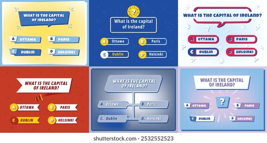 Cuestionario de Plantilla. Diseño de interfaz de usuario para juego de prueba con marco de preguntas y opciones de respuesta de opción múltiple. Pantalla de menú de prueba intelectual con juego de Vectores de preguntas triviales.