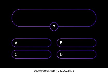 Quiz questions game template. Multiple choice test. Used in answer shows on TV and social media. Vector gradient design on black background.