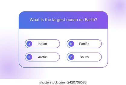 Plantilla de juego de preguntas de prueba. Prueba de elección múltiple. Usada en programas de respuesta en televisión y medios sociales. Diseño de gradiente vectorial.