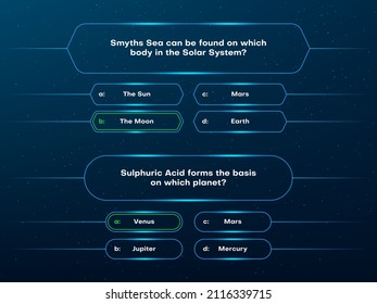 Quiz questions and test menu choice neon template. TV show or trivia game vector layout. Quiz game or intellectual challenge contest template, screen with question and answer options in frames - Shutterstock ID 2116339715