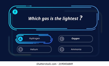 Quiz questions and test menu choice. Vector neon template of TV show or trivia game layout. Intellectual challenge quiz, screen with question and answer options in blue glowing frames