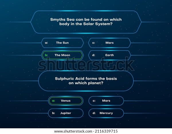 Quiz questions and test menu choice neon template.\
TV show or trivia game vector layout. Quiz game or intellectual\
challenge contest template, screen with question and answer options\
in frames
