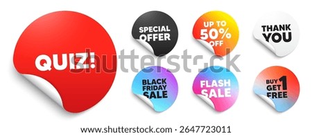Quiz red sticker tag. Special offer paper price tags. Quiz tag. Answer question sign. Examination test symbol. Discount, black friday sticker. Promo banner. Vector