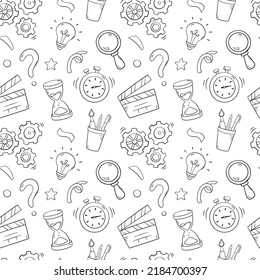 Quiz seamless pattern in doodle style, vector illustration. Back to school concept, stationery symbols on white background. Pattern hand drawn for print and game quiz