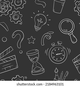 Quiz seamless pattern in doodle style, vector illustration. Back to school concept, stationery symbols on chalk board background. Pattern hand drawn for print and game quiz