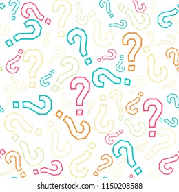 Quiz seamless pattern. Question marks, doubt, faq background. Simple endless repeating motif. Poll, survey, interrogation, query background. Template for opinion poll, public pollVector illustration.