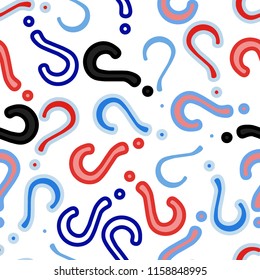 Quiz seamless pattern. Question marks, doubt, faq background. Simple endless repeating motif. Poll, survey, interrogation, query background. Template for opinion poll, public pollVector illustration.