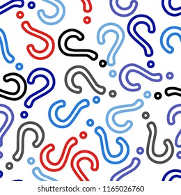 Quiz seamless pattern. Question marks, doubt, faq background. Simple endless repeating motif. Poll, survey, interrogation, query background. Template for opinion poll, public pollVector illustration.