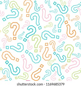 Quiz seamless pattern. Question marks, doubt, faq background. Simple endless repeating motif. Poll, survey, interrogation, query background. Template for opinion poll, public pollVector illustration.