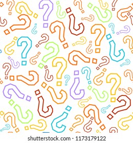 Quiz seamless pattern. Question marks, doubt, faq background. Simple endless repeating motif. Poll, survey, interrogation, query background. Template for opinion poll, public pollVector illustration.