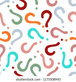 Quiz seamless pattern. Question marks, doubt, faq background. Simple endless repeating motif. Poll, survey, interrogation, query background. Template for opinion poll, public pollVector illustration.