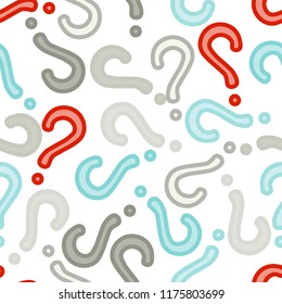 Quiz seamless pattern. Question marks, doubt, faq background. Simple endless repeating motif. Poll, survey, interrogation, query background. Template for opinion poll, public pollVector illustration.