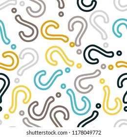 Quiz seamless pattern. Question marks, doubt, faq background. Simple endless repeating motif. Poll, survey, interrogation, query background. Template for opinion poll, public pollVector illustration.