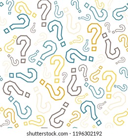 Quiz seamless pattern. Question marks, doubt, faq background. Simple endless repeating motif. Poll, survey, interrogation, query background. Template for opinion poll, public pollVector illustration.