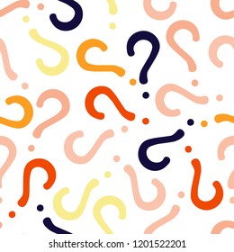 Quiz seamless pattern. Question marks, doubt, faq background. Simple endless repeating motif. Poll, survey, interrogation, query background. Template for opinion poll, public pollVector illustration.
